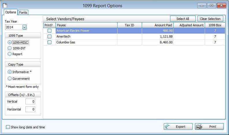 Click to select the desired Tax Year from the dropdown box. Choose the desired 1099 Report Type by clicking the option next to 1099-MISC, 1099-INT, or Report.