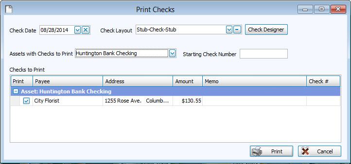 Print Checks After you post transactions on the Pay Bills screen, each transaction posted with Computer Check as the payment method can then be found on the Print Checks screen.
