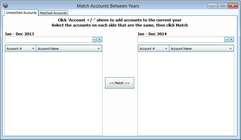 Match Accounts Use the Match Accounts screen to link an account in the current Accounting Year to one in the prior Accounting Year.