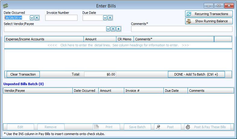 Enter Bills When your church receives a bill, use the Enter Bills screen to enter it in the Church Windows software.