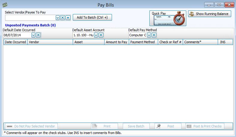 Pay Bills To access the Pay Bills screen, click the option for it located in the Transactions menu, or click on the large button on the main screen of the Accounting module.