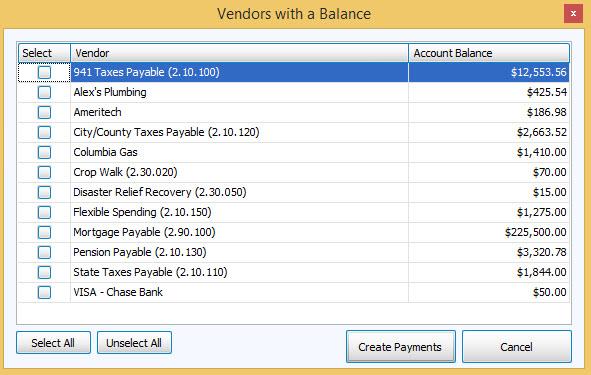 If you wish to create payments for any of the listed vendors, click the check box next to each vendor name.