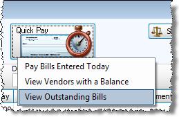 View Outstanding Bills When you are using the Pay Bills feature, first click the Quick Pay button. Then, click View Outstanding Bills.