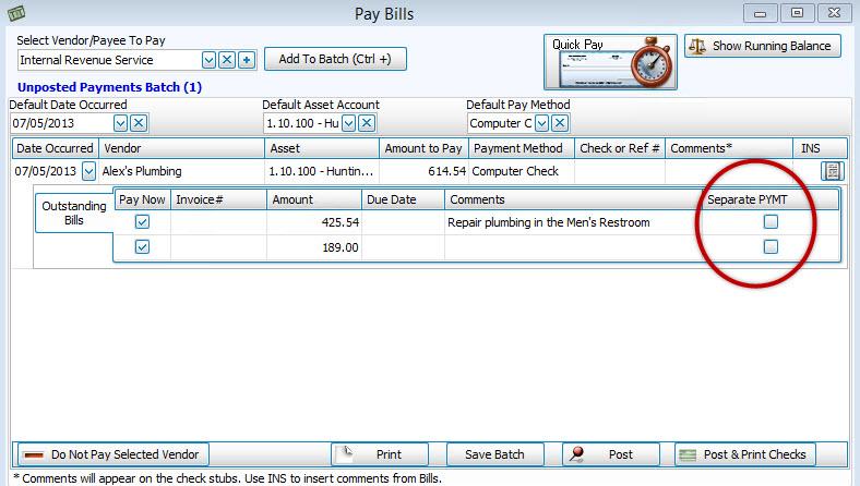 You can either select separate bills to pay, pay them all at once, or choose not to check any boxes at all and simply put amount in the Amount to Pay field at the top and keep the bills/invoices