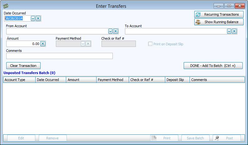 Enter Transfers Use the Enter Transfer screen to post transactions that represent the transfer of money between the same kind of accounts (e.g.