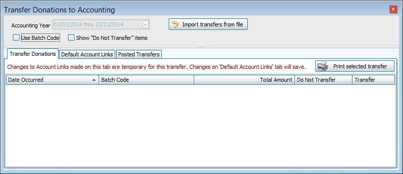 Transfer Donations to Accounting Use the Transfer Donations to Accounting screen to set up the links between the Giving Accounts in the Donations module and the accounts in the Chart of Accounts.