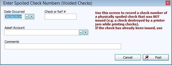 Enter Spoiled Check Numbers (Voided Checks) Whether your church is using Church Windows Accounting to print checks, or even writing the payable information on a check by hand, the check number on the