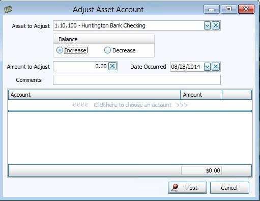 Adjust Asset Account Use the Adjust Assets screen to post a transaction that either increases, or decreases the balance of one asset account and one non-asset account in the Chart of Accounts.