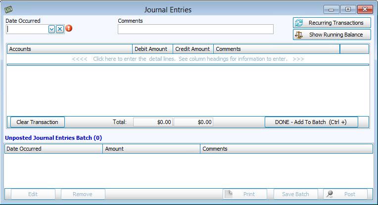 Journal Entry Transaction Use the Journal Entries screen to record in the Church Windows Accounting software transactions where money is transferred between any two accounts.