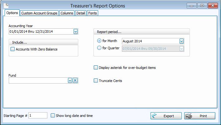 Choose the Accounting Year for your report from the dropdown box. If you wish to include Accounts With Zero Balance on the report, click to place a check mark in the box.