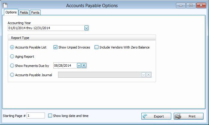 To run the report: 1. Click the Reports menu option. 2. Click the Worksheets button and a menu will show the option for Accounts Payable. 3. Click the Accounts Payable option.