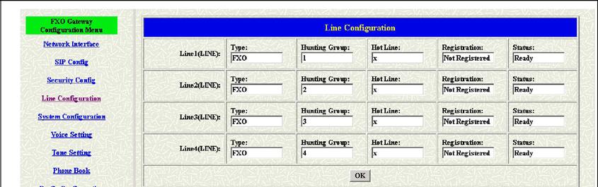 3.4 Line The Line configuration will show the status of the registrations and the ports. It includes the hunt group, hotline, and no answer forward configuration.