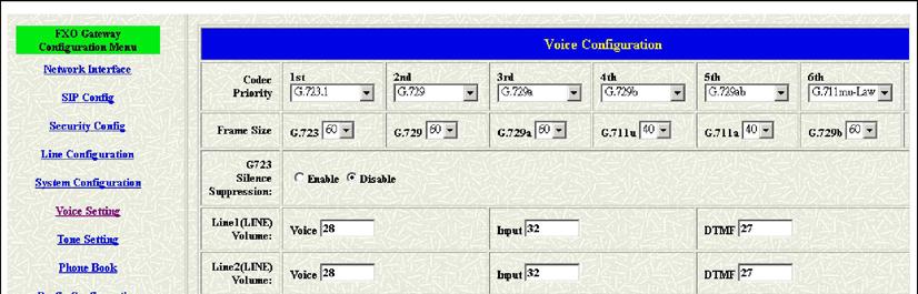 3.6 Voice Setting User could define some parameters about the voice in this voice-setting page. (see figure 3.7) Figure 3.7: Voice Setting Codec Priority It s for the codec setting.