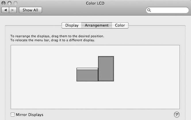 Change the main display by simply dragging the white menu bar between the displays. Check the Mirror Displays box to enable the mirror mode; uncheck it to go back to the default setting (extend mode).