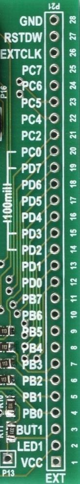 2.2.13. Extension header (P21) Provides connection to other devices and circuitry allowing access to all MCU I/O pins, power supply, and most other signals. Fits any 100mil/2.