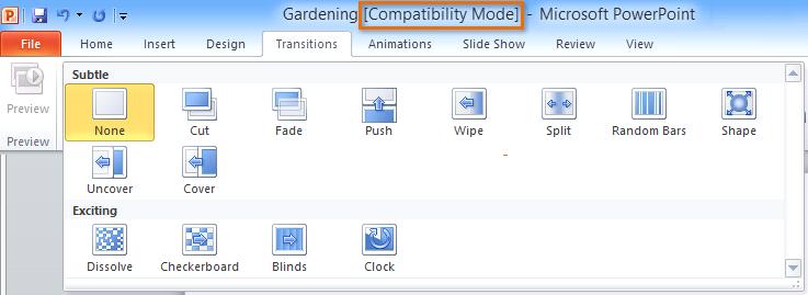 Compatibility mode In order to exit Compatibility mode, you'll need to convert the presentation to the current version type.