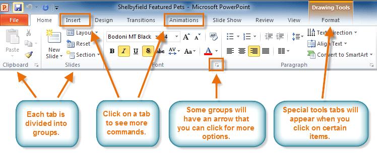 In addition, you can add your own customized tabs that contain your favorite commands. PowerPoint Ribbon Certain programs, such as Adobe Acrobat Reader, may install additional tabs to the Ribbon.
