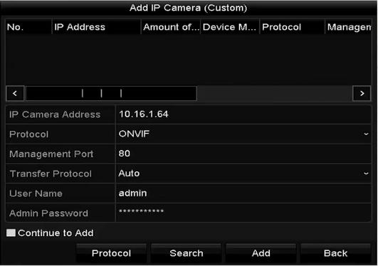 2) You can edit the IP address, protocol, management port, and other information of the IP camera to be added. 3) Click Add to add the camera.