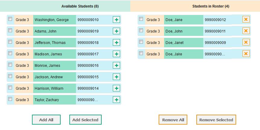 Preparing for Testing Figure 31. Add/Remove Students to Roster Panel d.