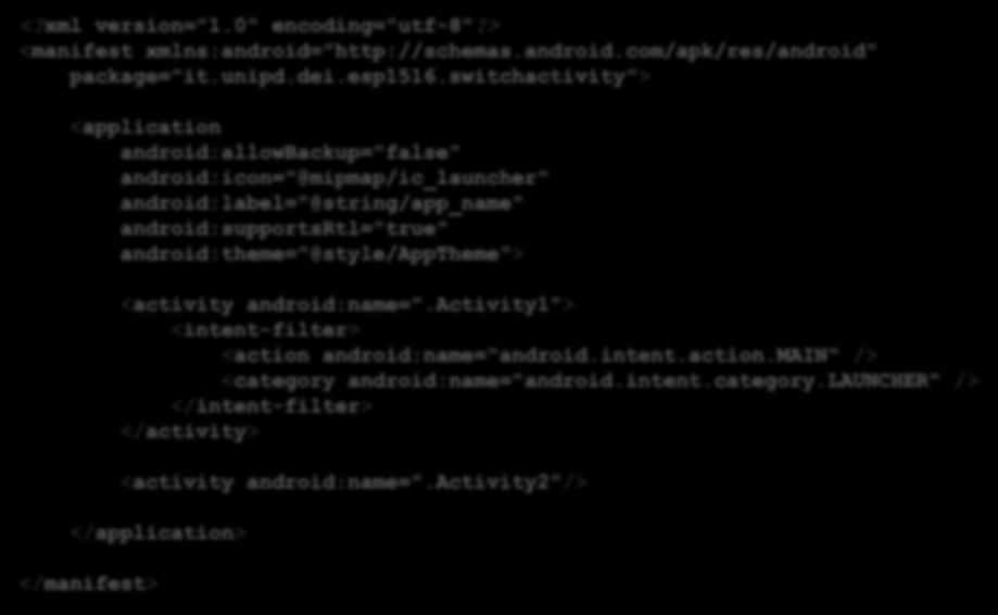 CODE (6/6) Both activities should be declared in the AndroidManifest.xml file <?xml version="1.0" encoding="utf-8"?> <manifest xmlns:android="http://schemas.android.com/apk/res/android" package="it.