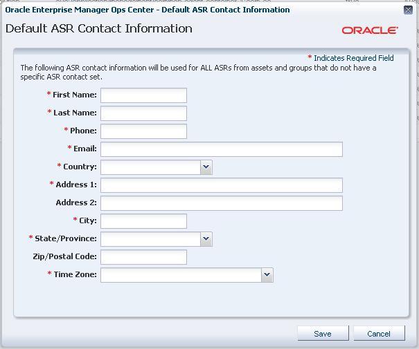 Figure 2 Default ASR Contact Information 3. Enter the contact information: First name Last name Phone Email Country Address: Two address fields are provided, but only the first is required.