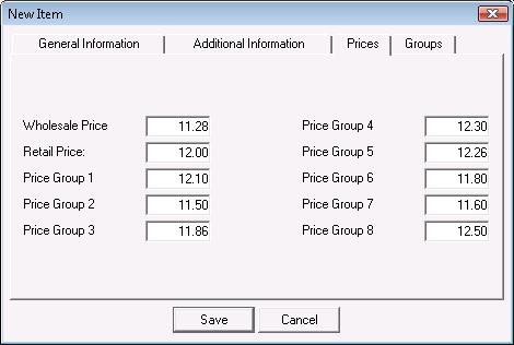6. In the Prices tap define item s price for the different price groups.