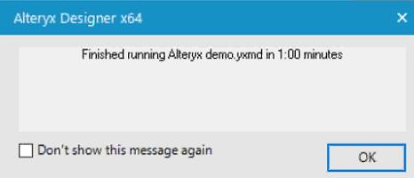 The Alteryx Designer dialog displays the amount of time it took to successfully retrieve data from Corptax.