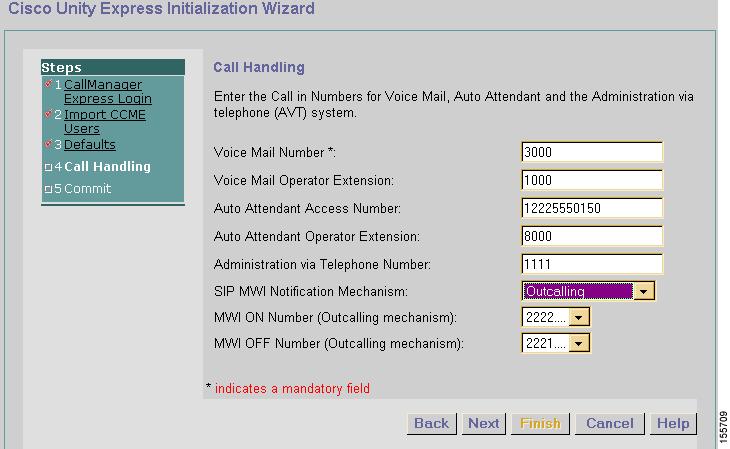 Starting the Initialization Wizard for Cisco Unified CME Configuring the Cisco Unity Express Software Using the Initialization Wizard Step 22 Step 23 Step 24 In the Maximum Caller Message Size field,