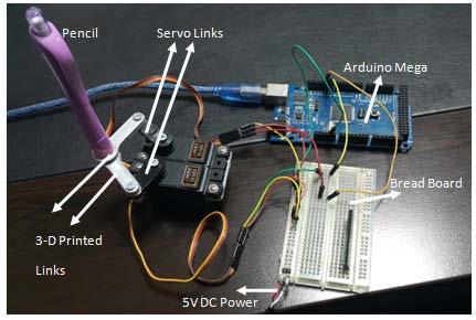 The robot has two servos connected to digital pins 9 and 10 which are used as PWM (pulse width modulation) of arduino. The electronic circuit of the robot is seen in Fig. 5.