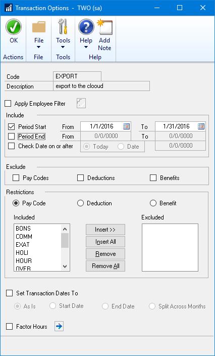 Fields: Code This a read only field, and displays the export code on the main window for which you are specifying these options.