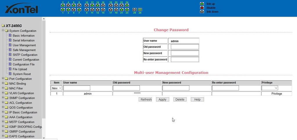 (3) User management page Figure 11 is a user management page, the user can modify this switch anonymous user (admin) password, Telnet and the Web without opening a multi-user, and they all use the
