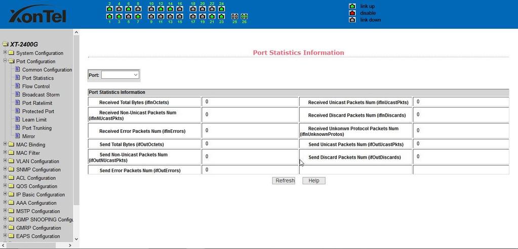 (2) Port Statistics Page Figure 18 is the port statistics information page. To view a particular port, users need to select the appropriate port name in the port drop-down menu.