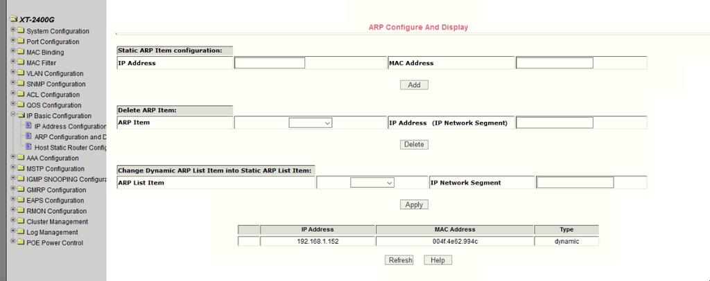 Figure 44 The ARP configuration and display page (3) Host Static Routing configuration page Figure 45 is the host static route configuration page, the user can through this page to add, delete static
