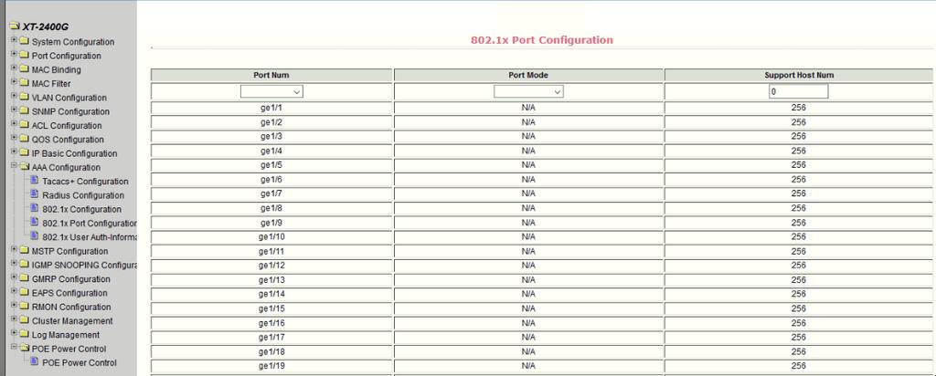 (4)802.1x port configuration page Figure 49 is the 802.1x port configuration page, the user through this page to configure the support 802.