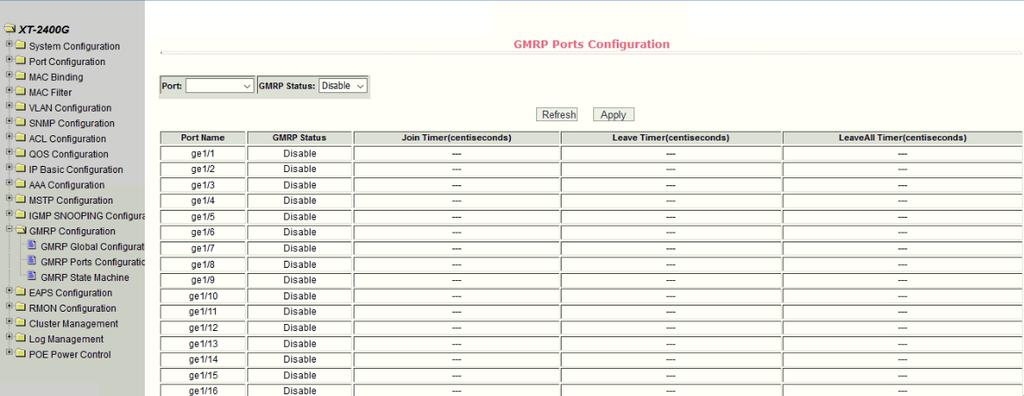 (2) GMRP port configuration page Figure 57 shows the GMRP port configuration page. Users can use this page to enable port GMRP, and can view the port information.