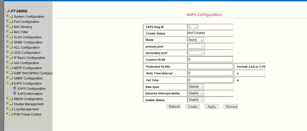 16 EAPS configuration (1) EAPS configuration page This page is used to create and configure EAPS information, and can also be used to delete and display EAPS information.