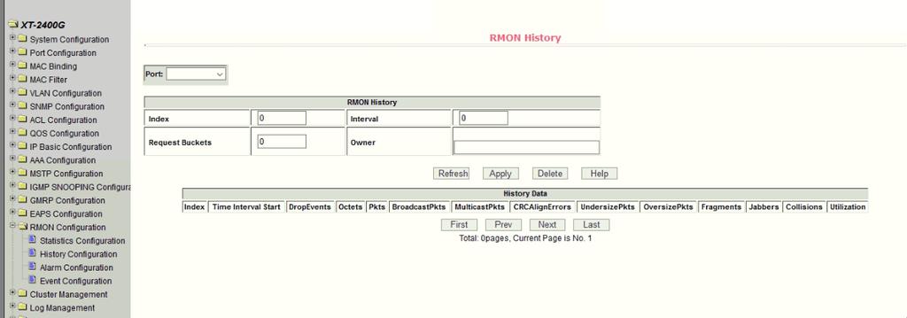 (2) RMON History configuration page Figure 62 shows the RMON history group configuration page. User can configure the RMON history group from this page.