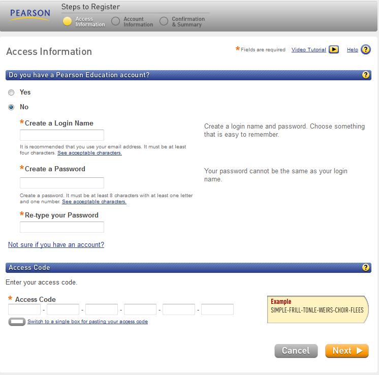 Step 6: Click I Accept under the license Agreement then you will be asked if you have a Pearson Education account. Click the No option, and enter your desired login name and password.