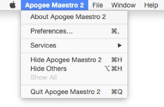 $ Menu Bar Menus About Apogee Maestro - Choose this menu item to display version information for all the hardware connected and software elements