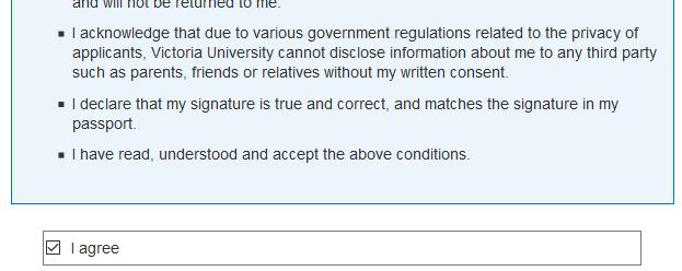Declaration and Agreement tab - Read and understand the Student Declaration, and if you agree with its terms, click I agree. You will be unable to submit an application unless you agree. 25.