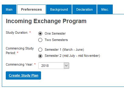 - When you are done, click Next Tab. 15. Preferences tab: - Study Duration: select the number of semesters you wish to study at VU.