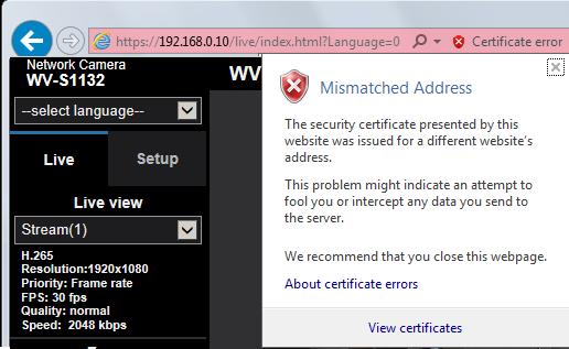 2. When the security alert window is displayed, click Continue to this website (not recommended). The Live page will be displayed.