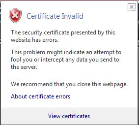 If Certificate Invalid is displayed as shown below even though you have installed the root certificate ( page 179), end the connection,