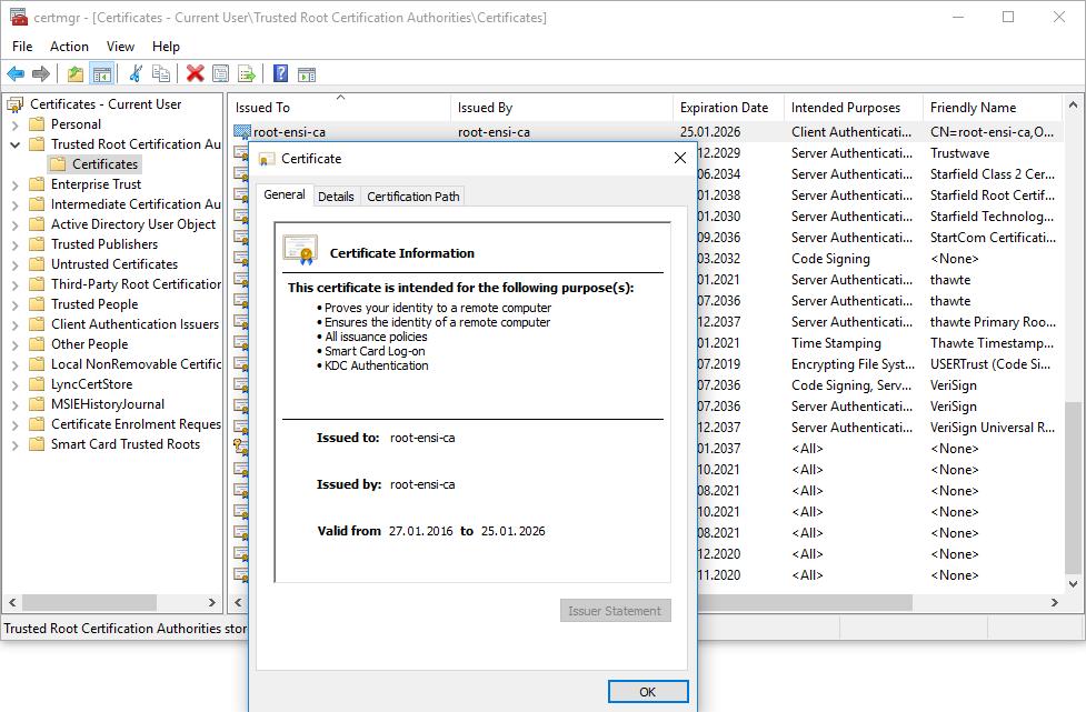 Figure 4. ENSI root CA certificate imported to the certificate storage 4.1.