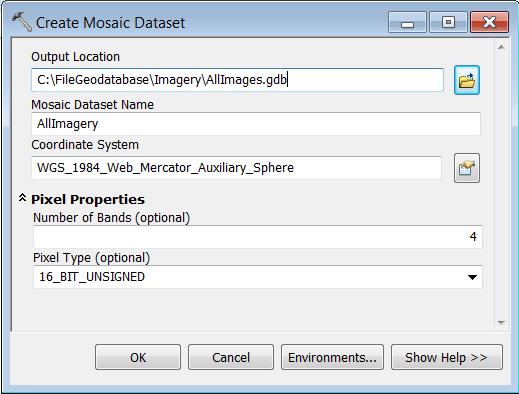 Creating a Mosaic Dataset GDB, Personal or Enterprise Geodatabase Name Coordinate System - For