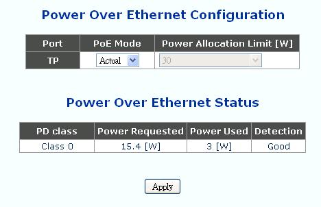 3.5.10 PoE Configuration PoE (Power over Ethernet) is a mechanism for providing power to the network devices over the same cabling used to carry network data.
