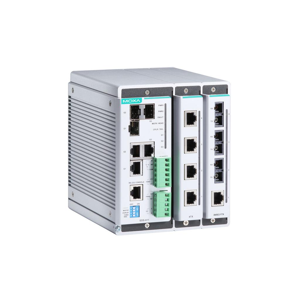 EDS-611 Series 8+3G-port compact modular managed Ethernet switches Features and Benefits Modular design with 4-port copper/fiber combinations Hot-swappable media modules for continuous operation
