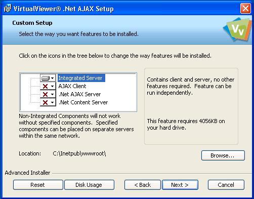 Chapter 1 - Getting Started VirtualViewer.NET AJAX Setup - Custom Setup Dialog Note: Please note that this dialog will only appear if you are installing a non-integrated production installation. 4.