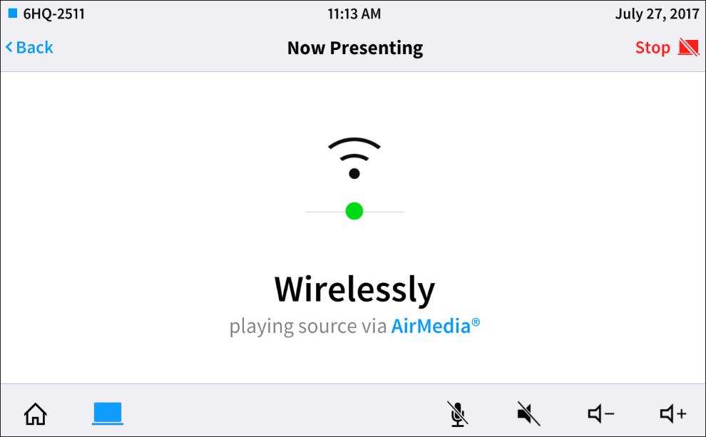 displayed. Present Screen - AirMedia Source The Now Presenting screen for AirMedia shows that the source is connected wirelessly over AirMedia.