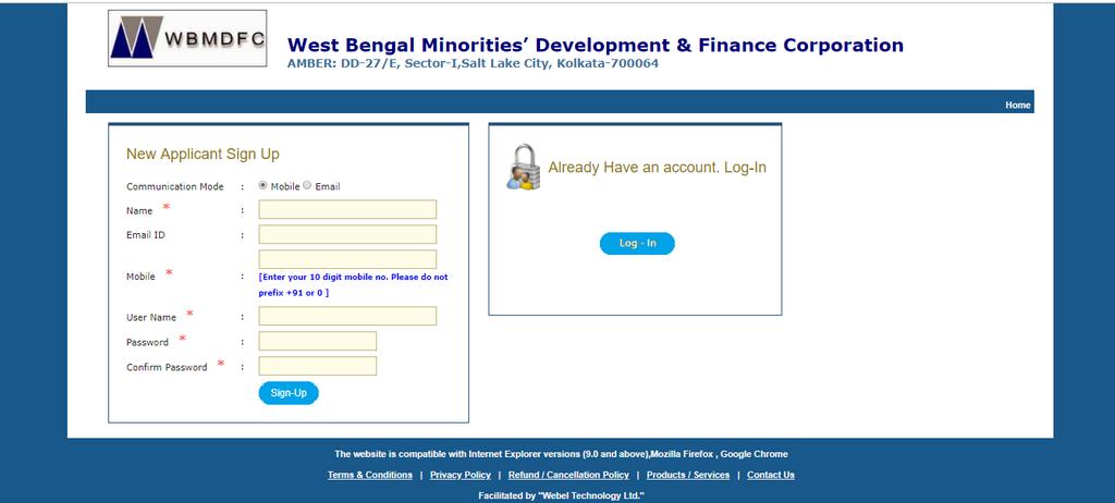 The above screen shot shows how a new user can register himself. The communication mode signifies how the authority (WBMDFC) will reach the applicant for official purpose only.